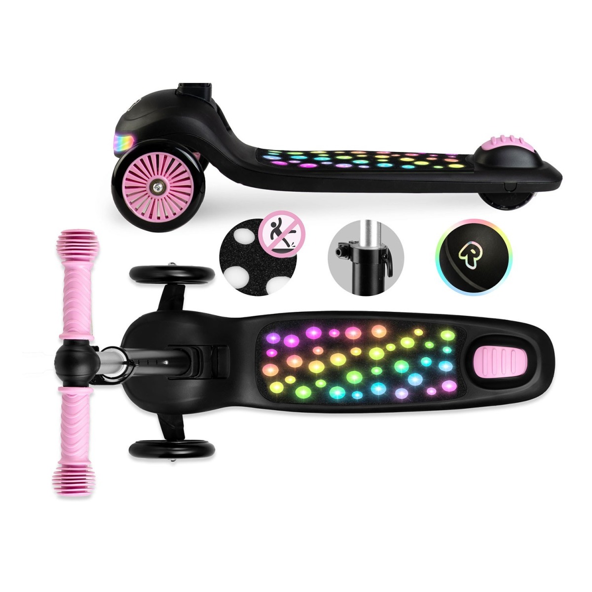 Ricokids Glowi 3-riteņu balansa skrejritenis ar LED gaismām, melns un rozā