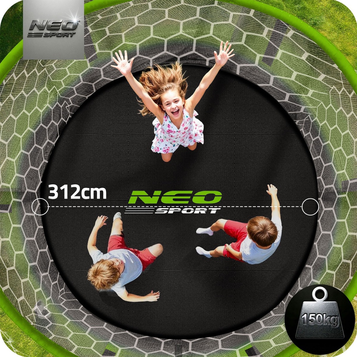 Neo-Sport batuts ar iekšējo drošības tīklu, 312 cm, melns un zaļš