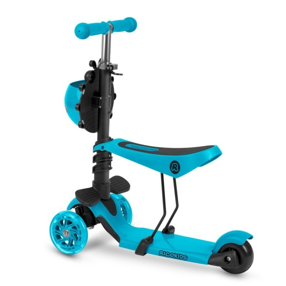 Ricokids Buggy 3 vienā skrejritenis, tirkīzzils — izgaismoti riteņi