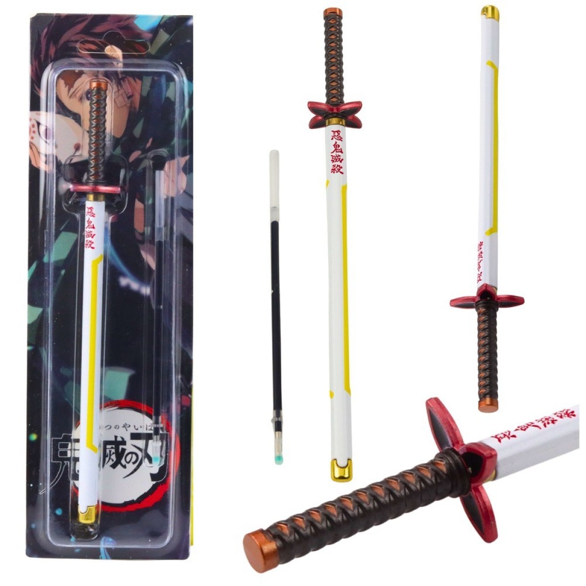 Balta un dzeltena metāla lodīšu pildspalva katana formā ar anime dizainu
