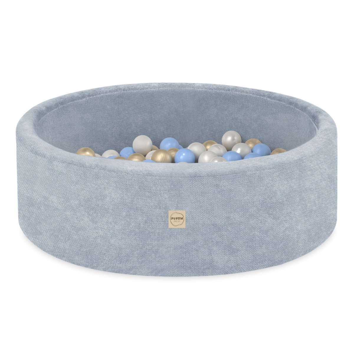 PLUSH NEST apaļš samta bumbiņu baseins 90x30 cm ar 200 bumbiņām — zils