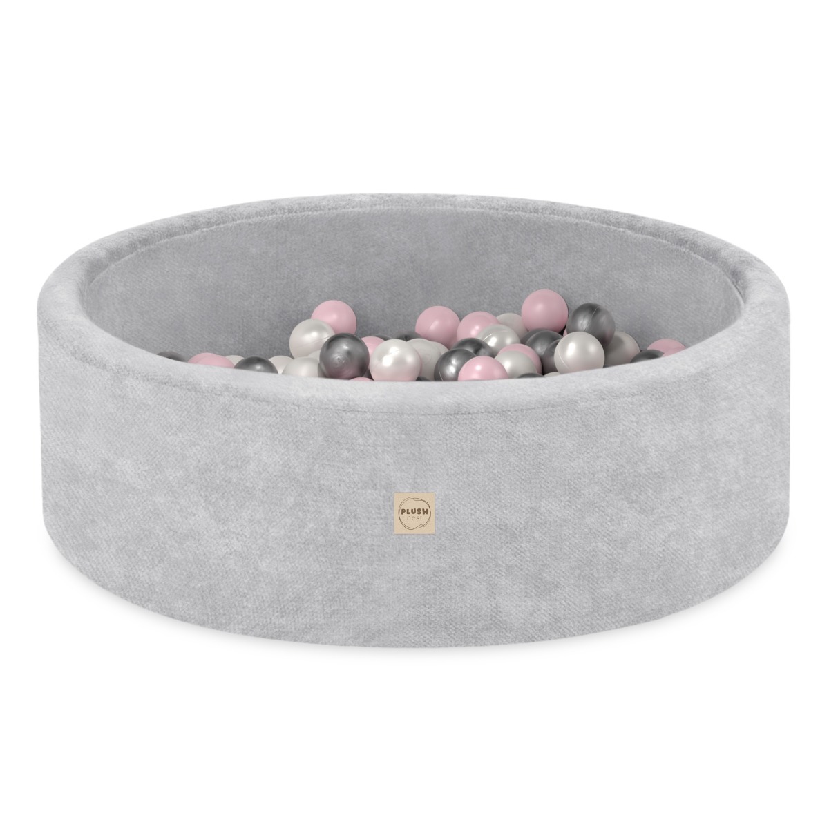 PLUSH NEST apaļais bumbiņu baseins no šenila, 90x30 cm, ar 200 bumbiņām – pelēks
