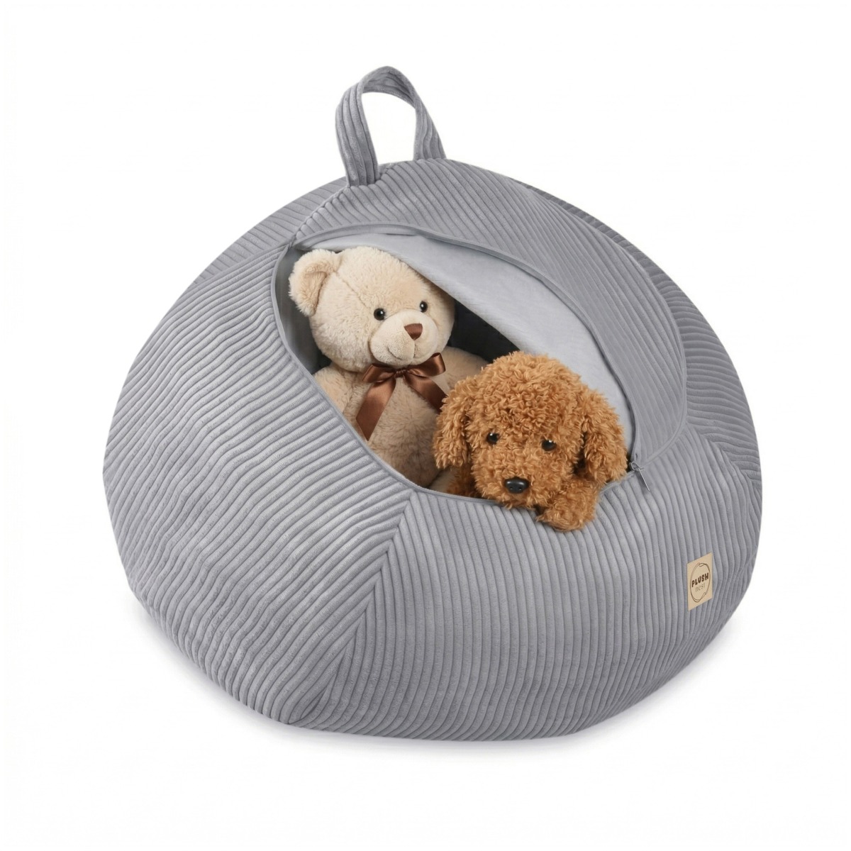 PLUSH NEST rotaļlietu uzglabāšanas pufs, pelēks, augstākās kvalitātes samts