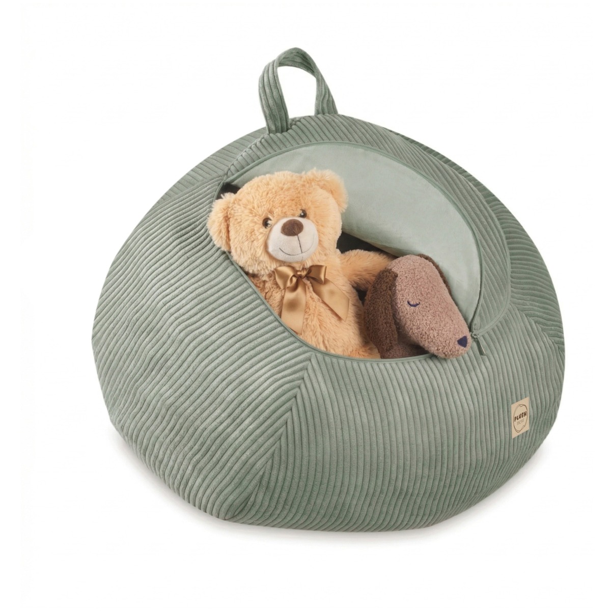 PLUSH NEST rotaļlietu uzglabāšanas pufs, zaļš, augstākās kvalitātes samts