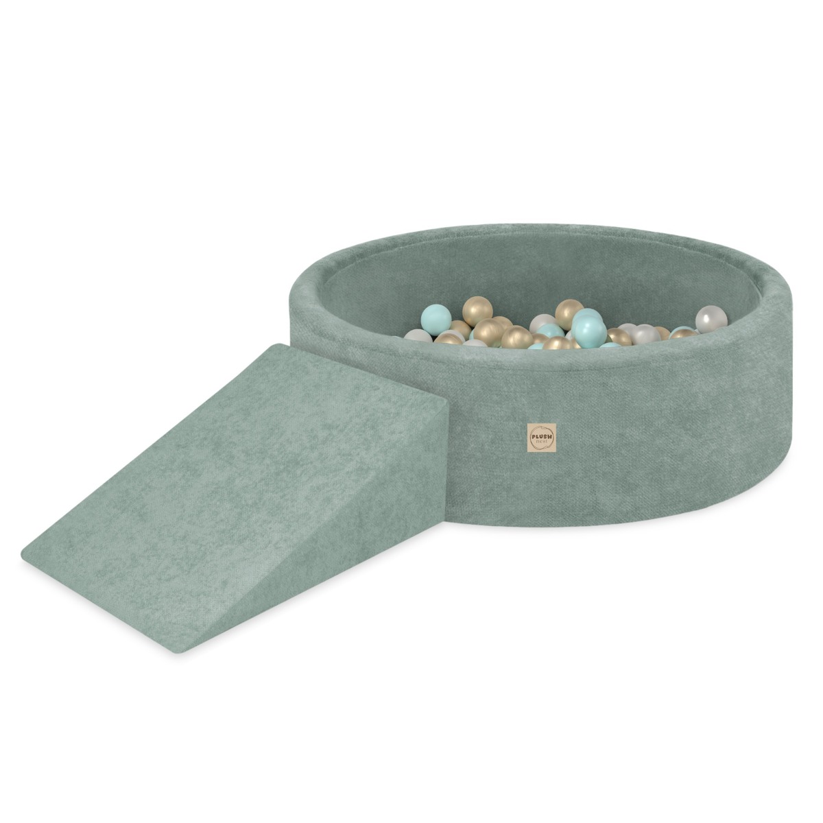 PLUSH NEST šenila bumbu baseins 90x30 ar trijstūra spilvenu un 200 bumbiņām — zaļš