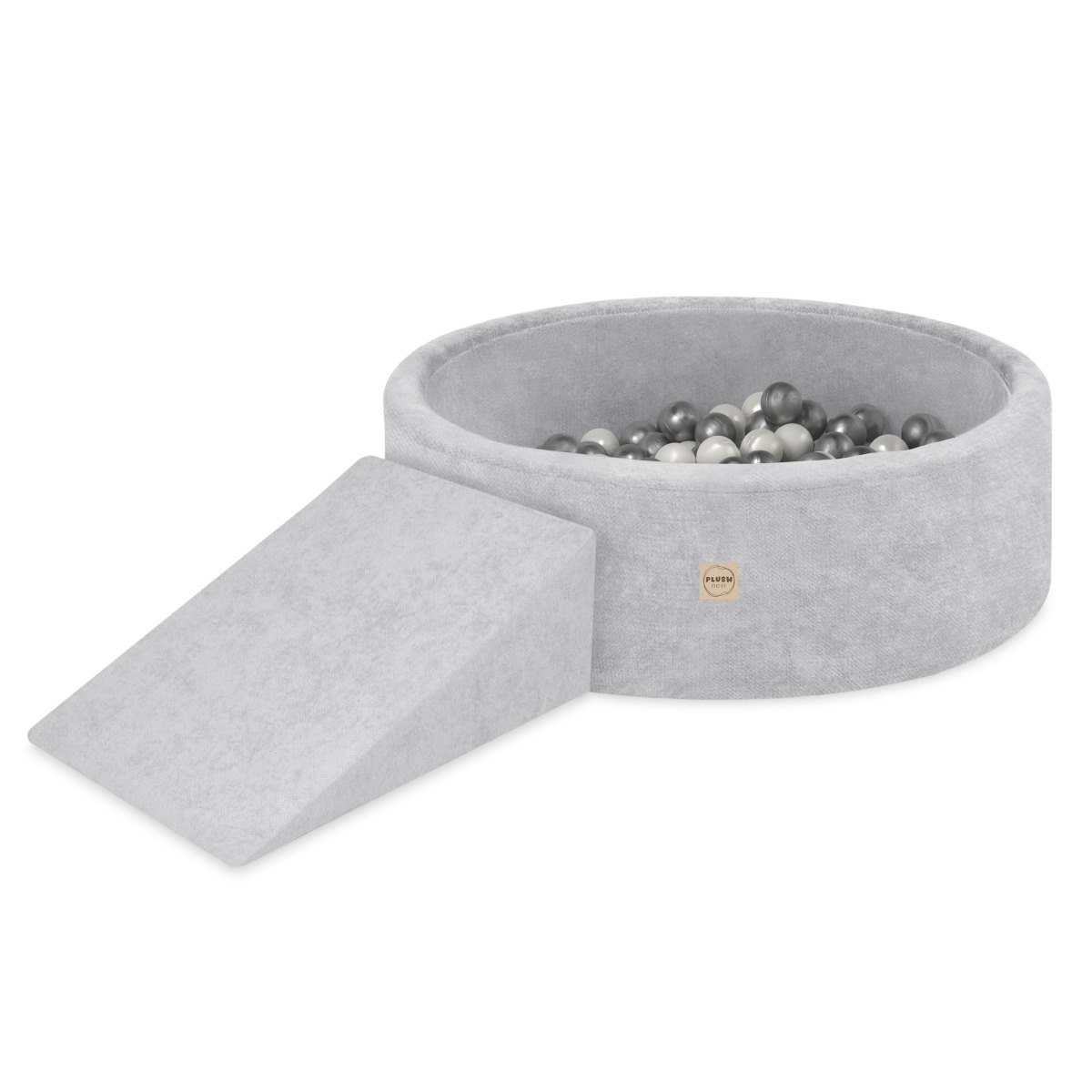 PLUSH NEST šenila bumbiņu baseins 90x30 + trīsstūra pakāpiens + 200 bumbiņas – pelēks