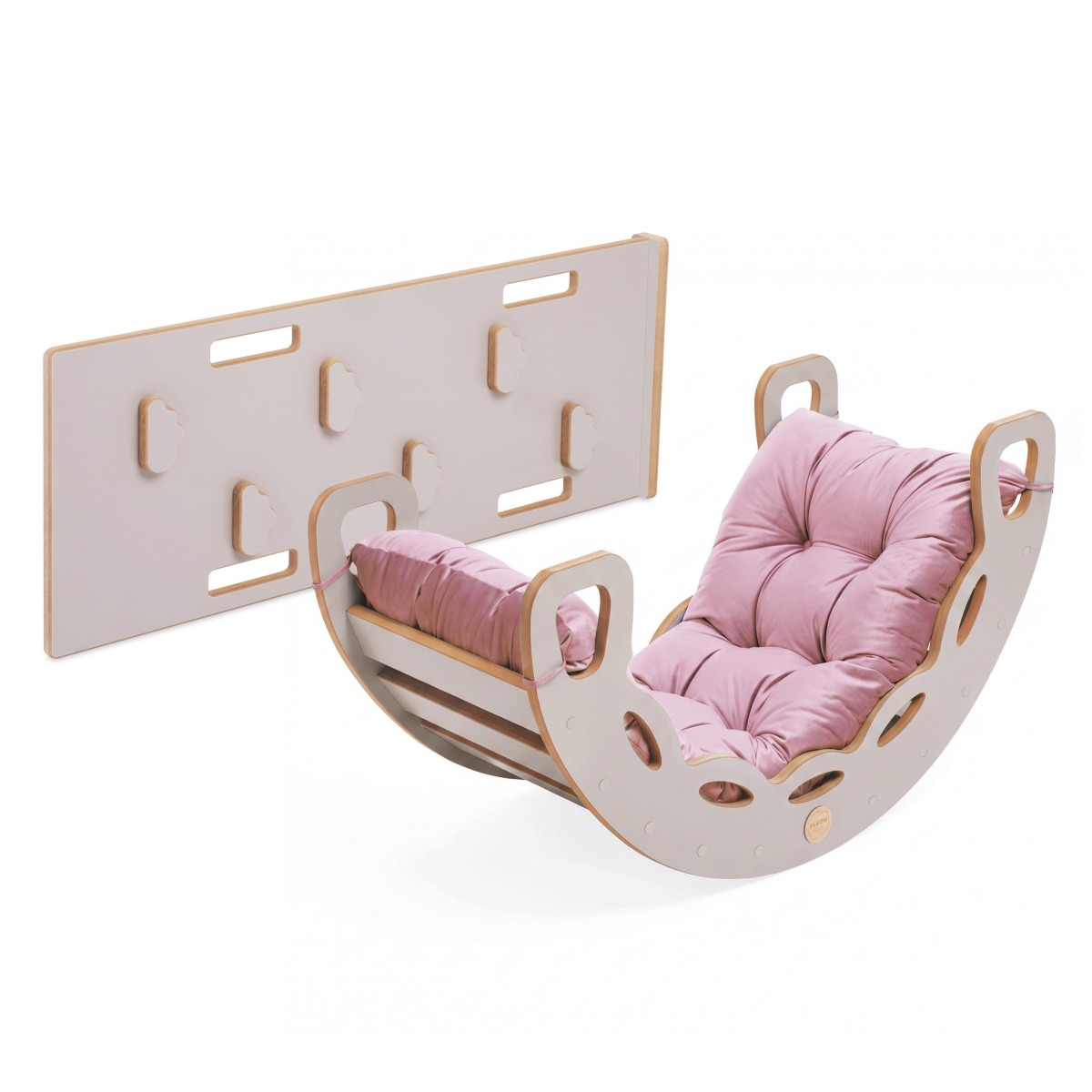 PLUSH NEST 4-in-1 šūpuļkrēsls, kāpšanas siena/slidkalniņš, rozā samts