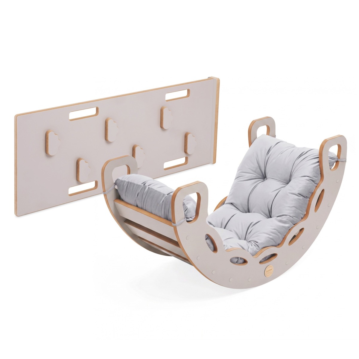 PLUSH NEST 4-in-1 šūpoles ar kāpšanas sienu/slidkalniņu, pelēks samts