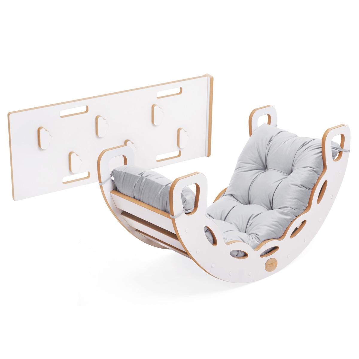 PLUSH NEST 4 vienā šūpuļkrēsls ar kāpelēšanas sienu/slidkalniņu (pelēks samts), balts