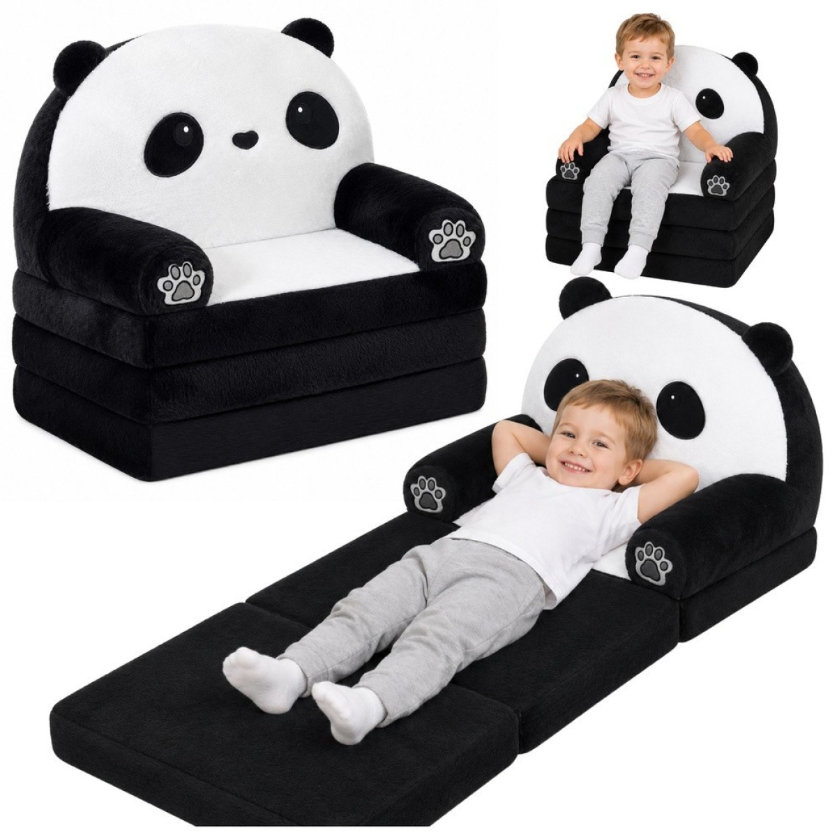 Panda 2in1 Bērnu Pehme Diivan Tugitool  Must-valge