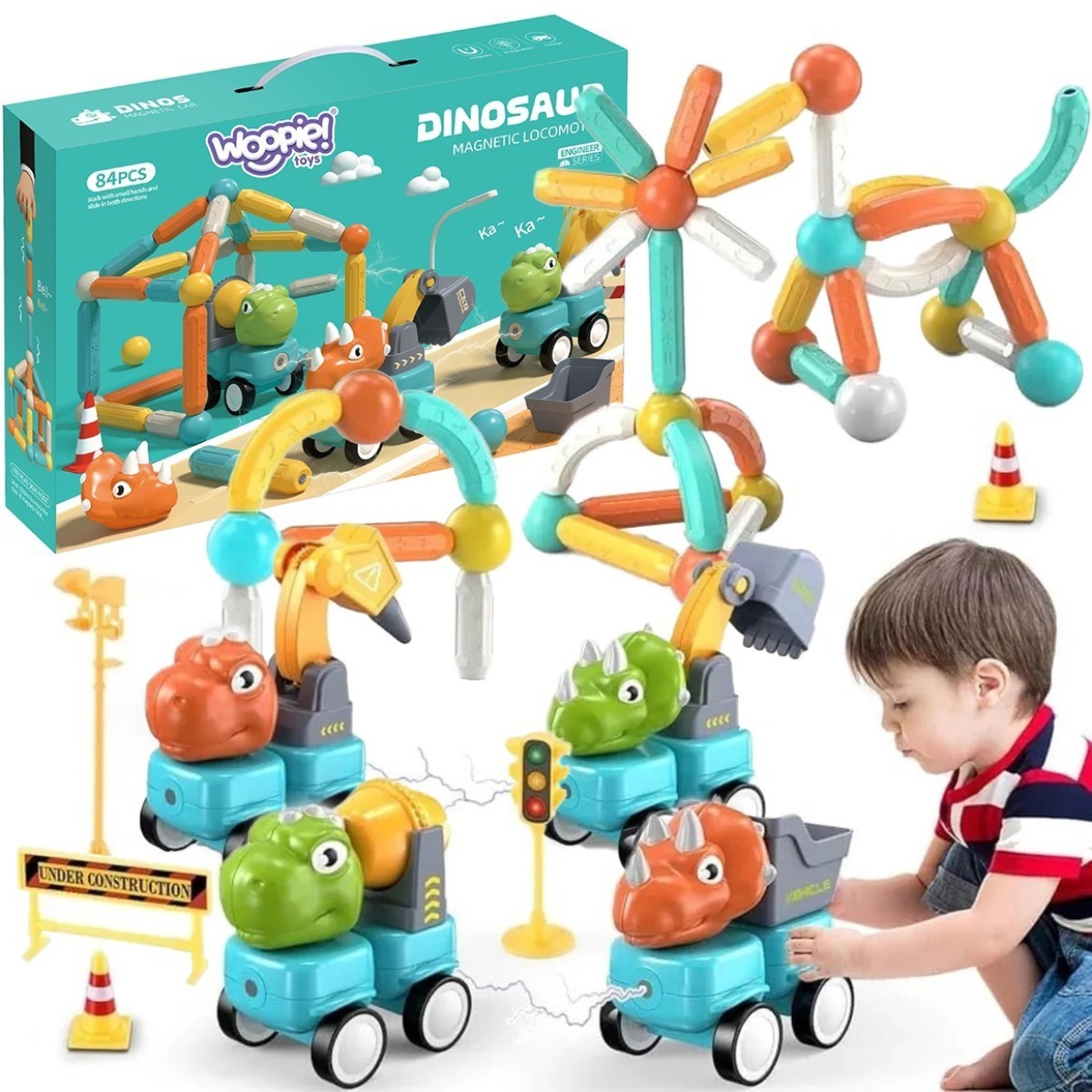 Magnētiskie klucīši ar dinozauriem, 84 gab. – Dino Cars, 3+