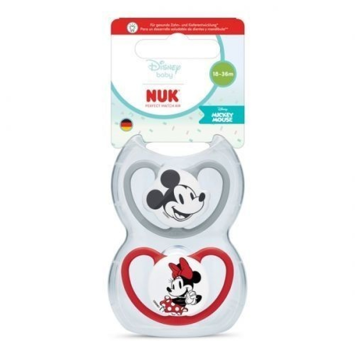 NUK AIR silikona knupīši 18–36 mēn., 2 gab., Mikija Pele