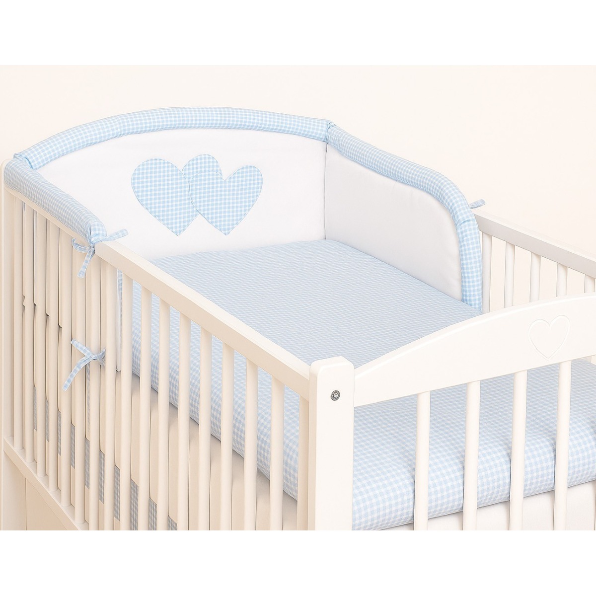 Bobono Hearts bērnu gultiņas apmale – zils rūtiņu raksts, 35 x 188 cm