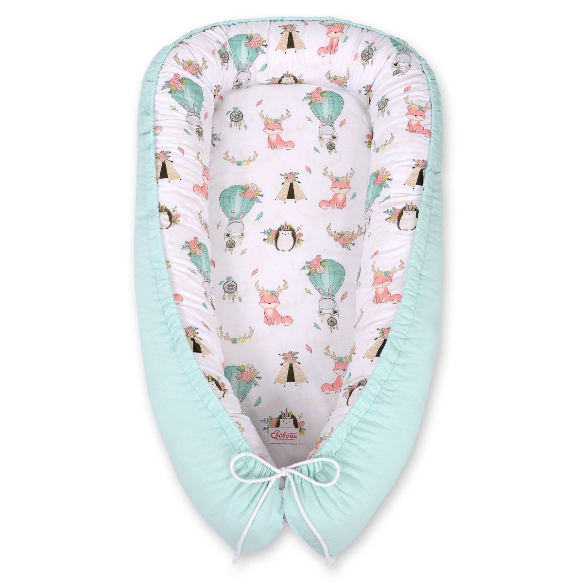 Bobono Premium divpusējs mazuļa ligzdiņas kokons – Foxes Beige/Mint