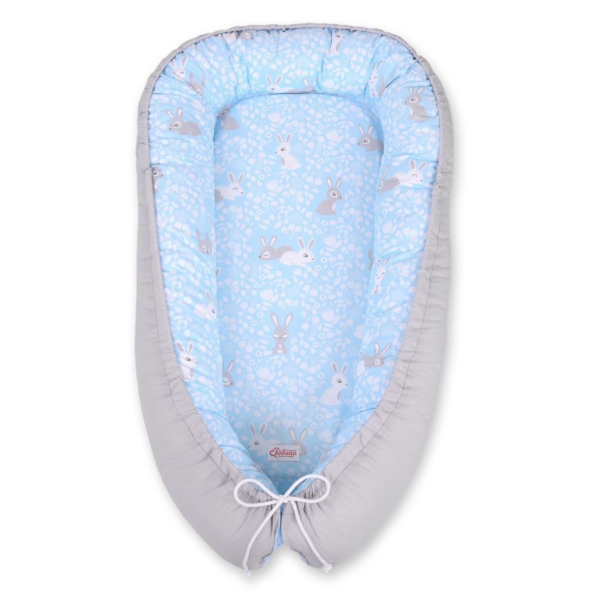 Bobono abpusējā premium ligzdiņa mazulim – Blue Rabbits / Grey