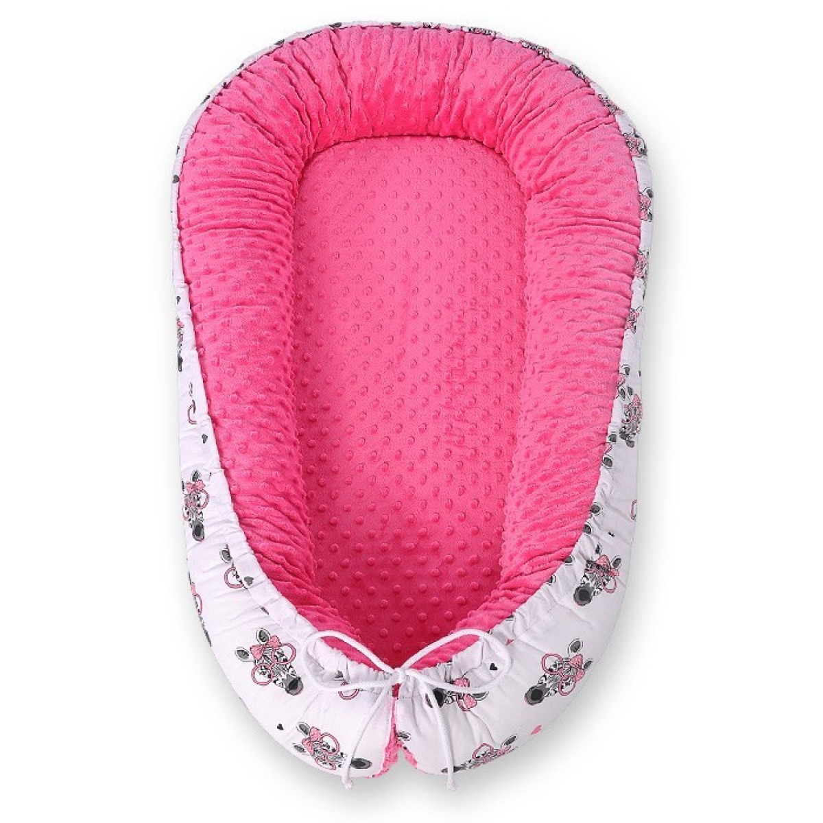 Bobono Reversible Premium ligzda mazulim – rozā minky audums ar zebru rakstu
