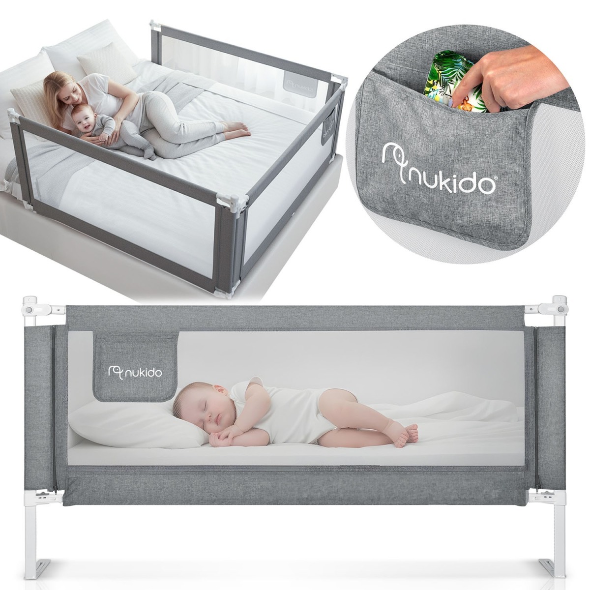 Nukido gultas aizsargbarjera ar fiksatoru, 200 cm, pelēka