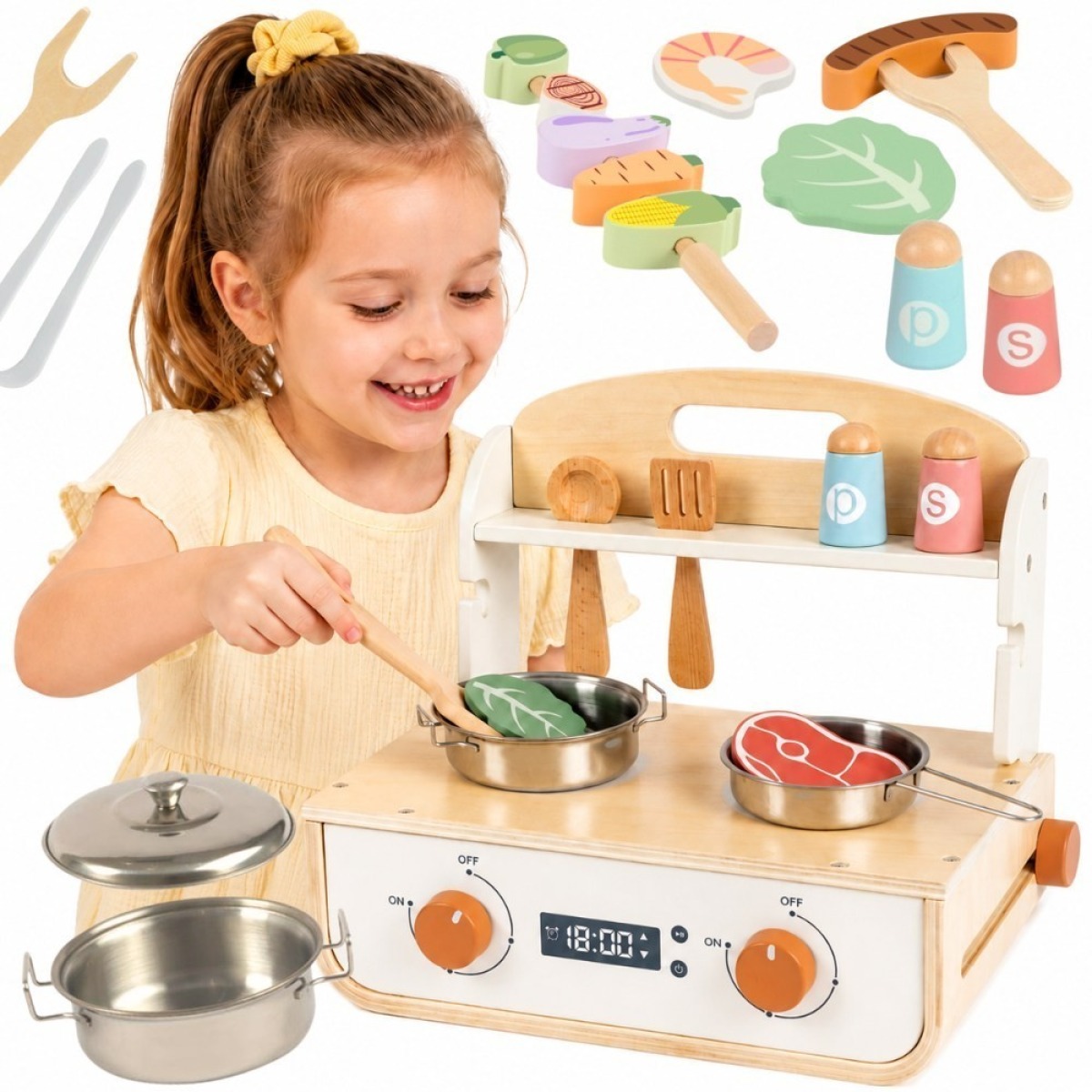 Tooky Toy koka virtuve ar grilu, iesmu un piederumiem