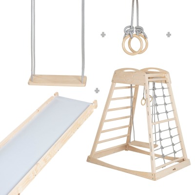 Montessori siseronimistorn, ronimisvõrguga mänguväljak, naturaalne puit / hall