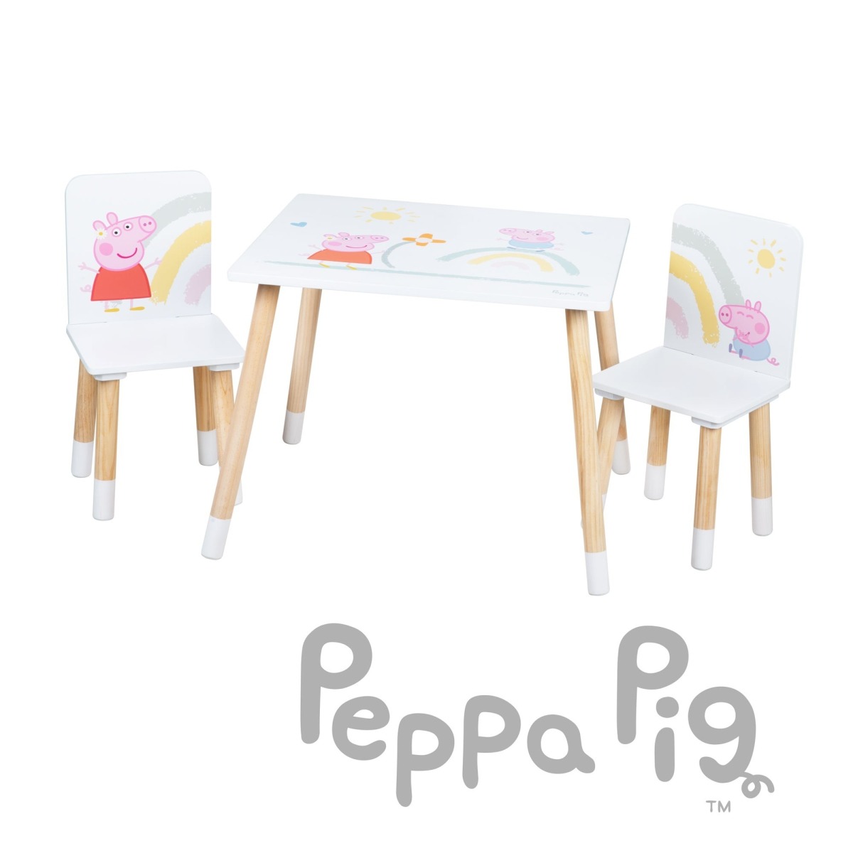 Peppa Pig bērnu galds un 2 krēsli, balts/dabīga koka krāsā | MIU Kids