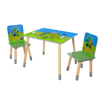 Laste laud ja toolid komplekt Minecraft – laud ja 2 puidust tooli – roheline / sinine