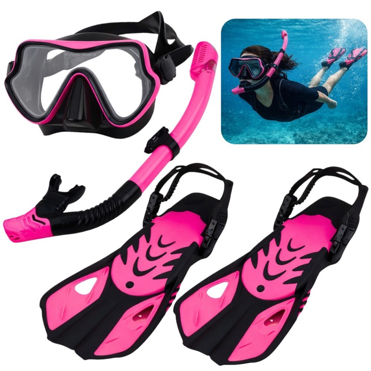 Melns un rozā snorkelēšanas komplekts ar pleznām un niršanas brillēm
