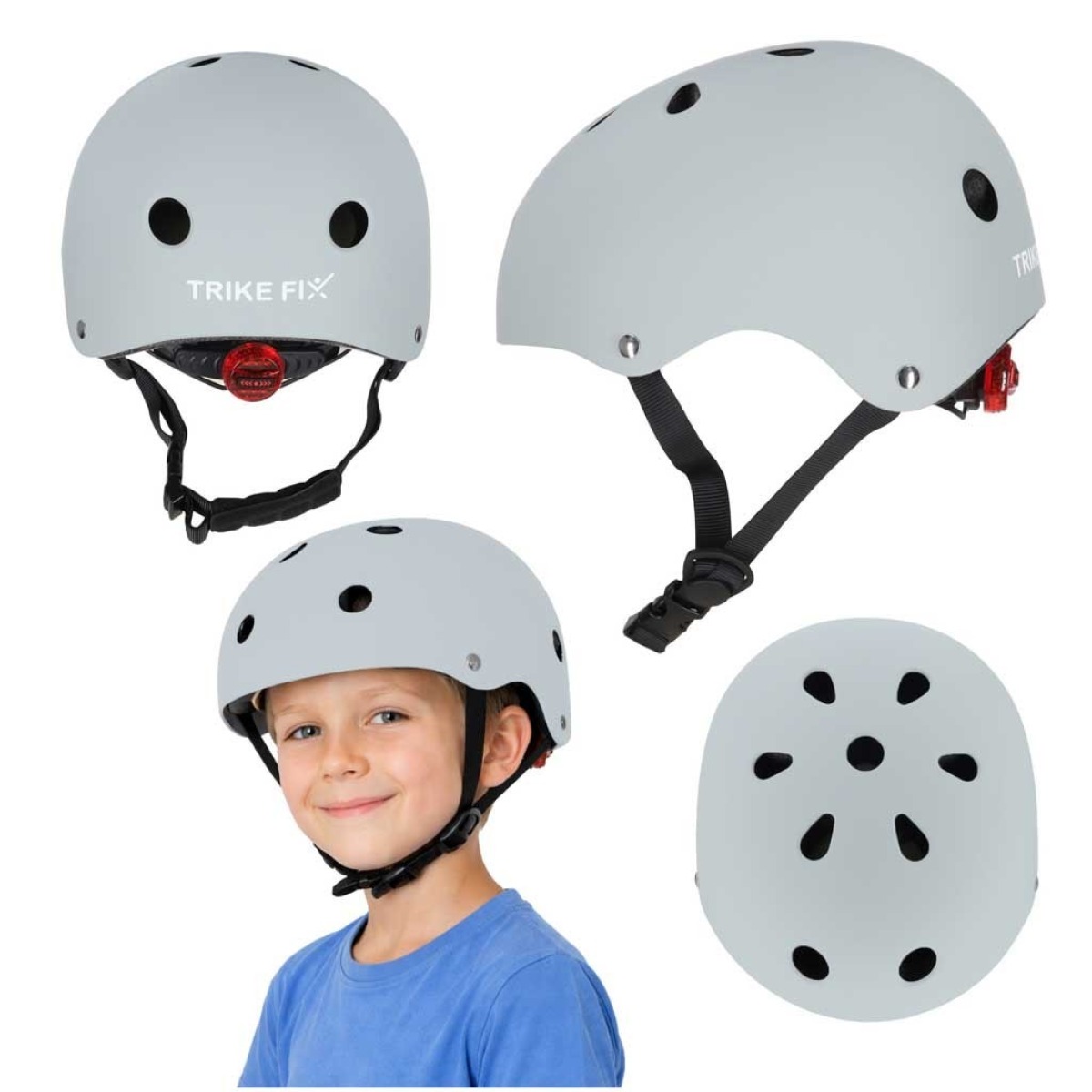 Trike Fix LED bērnu velosipēda ķivere, M 55–58 cm, pelēka