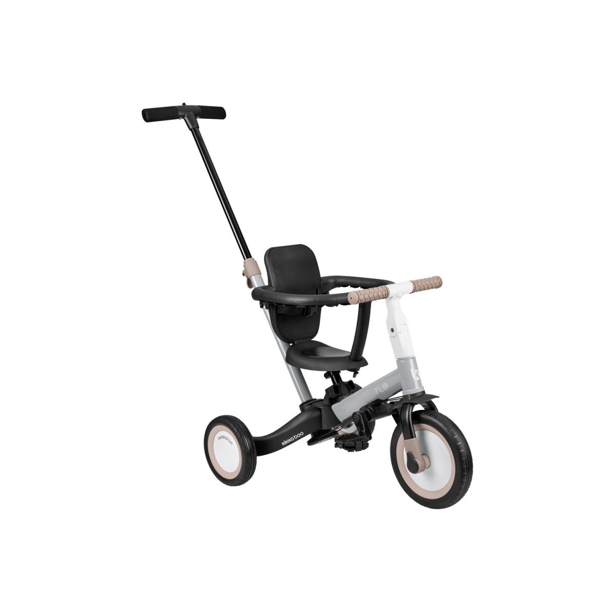 Bērnu trīsritenis FLIP 5-in-1, pelēks – 1–5 gadiem, ar stumšanas rokturi