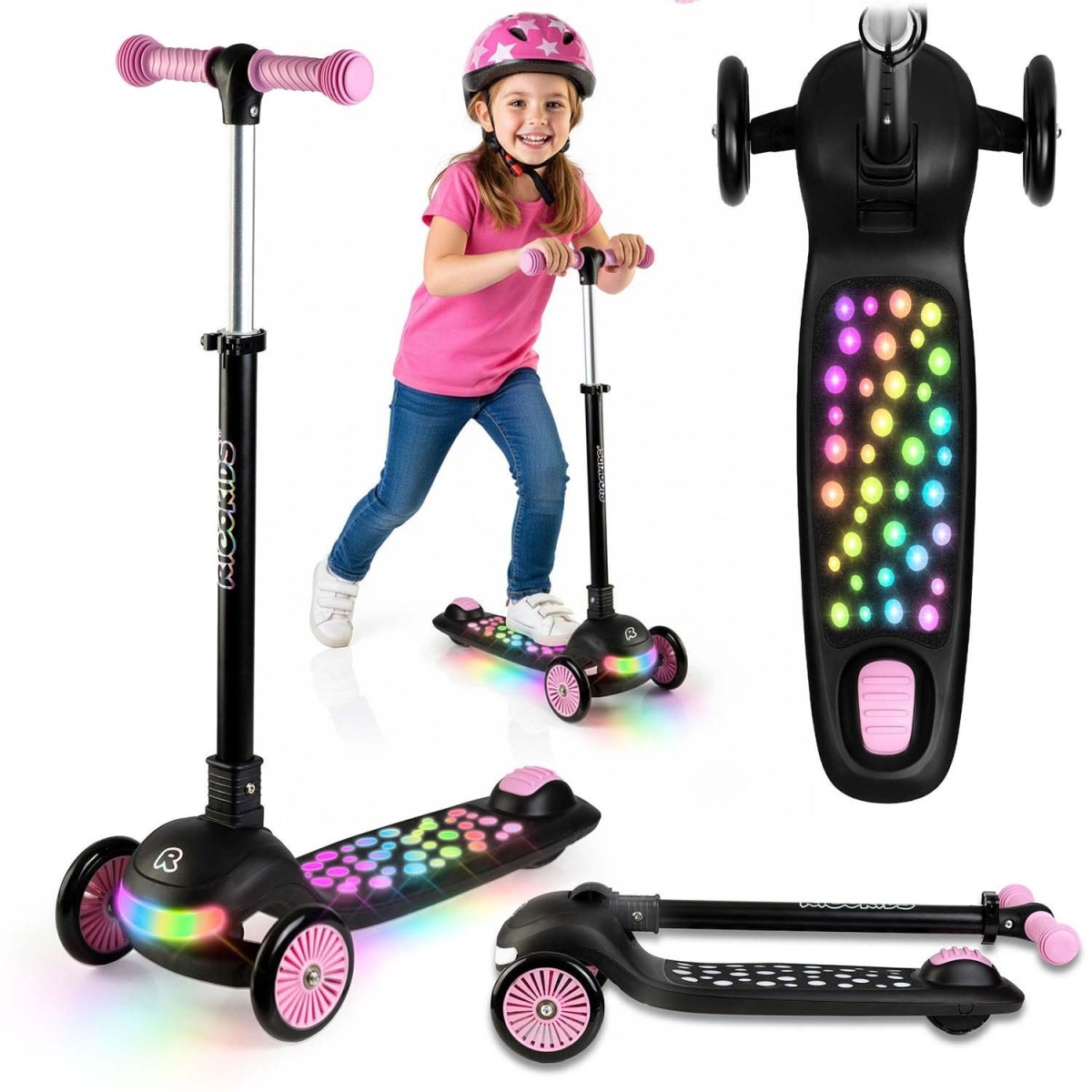 Ricokids Glowi 3-riteņu balansa skrejritenis ar LED gaismām, melns un rozā
