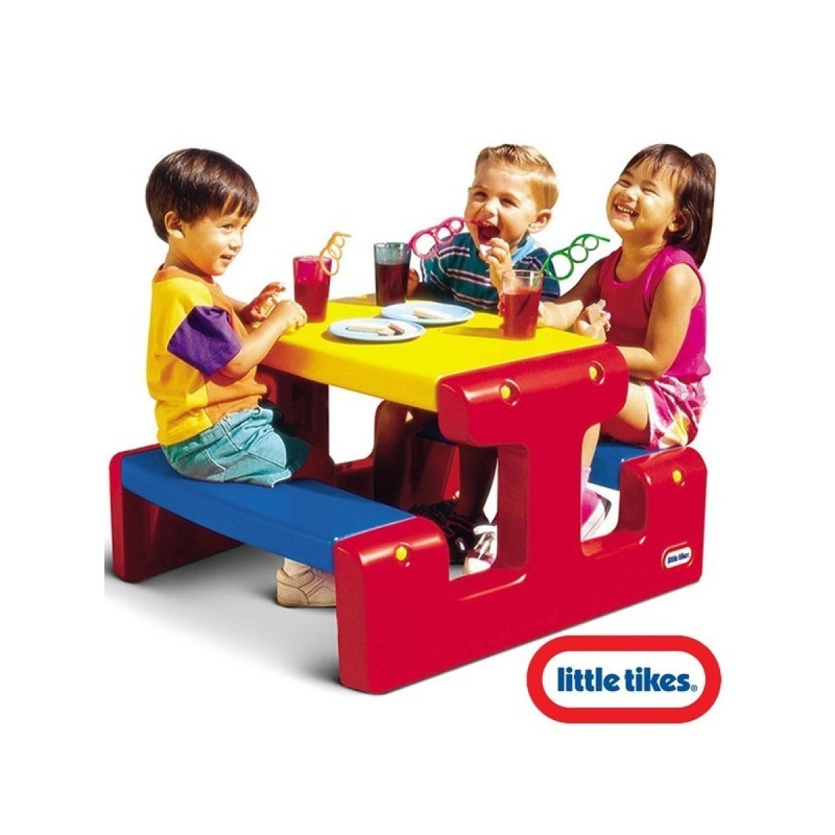 LITTLE TIKES piknika galds sarkanā, dzeltenā un zilā krāsā