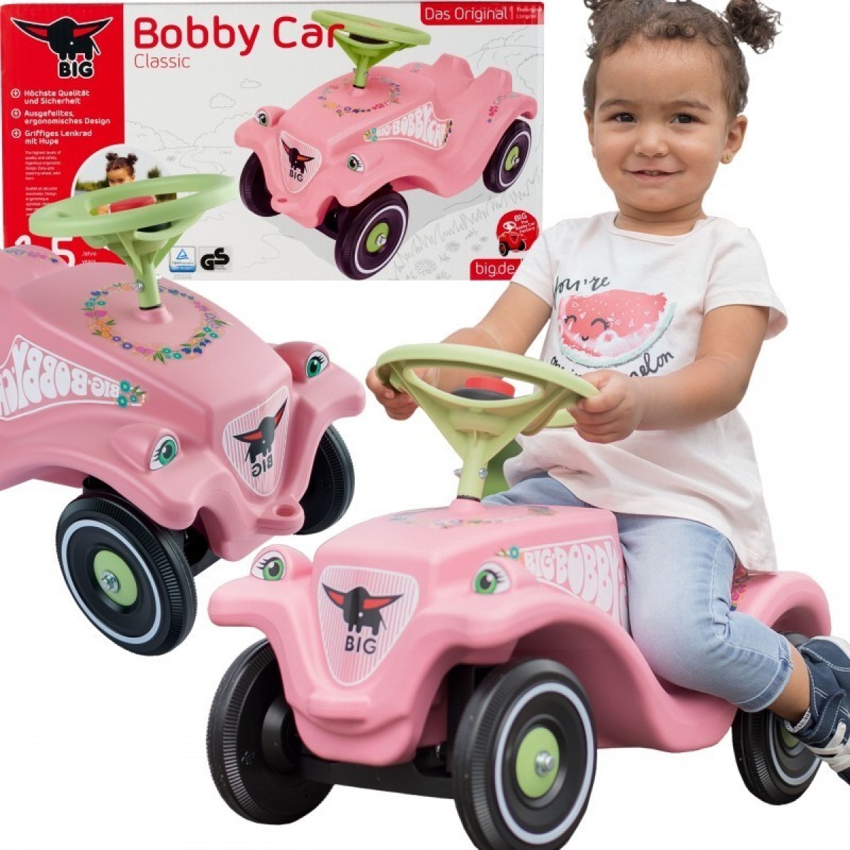 BIG Bobby Car Classic Flower, rozā – braucamrīks, ražots Vācijā