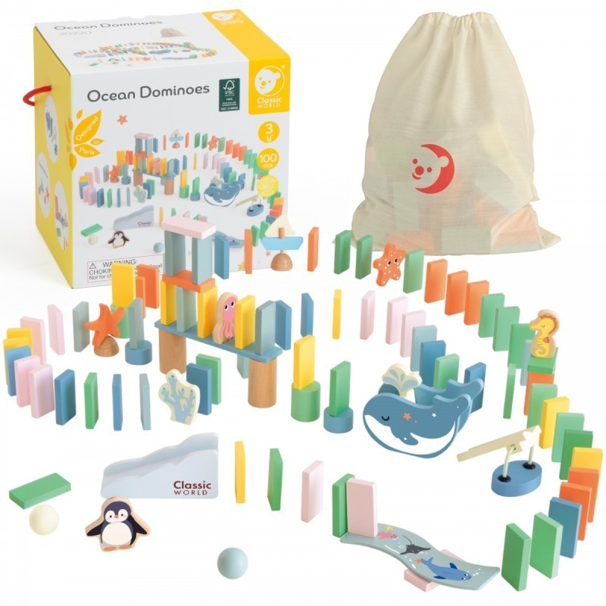 CLASSIC WORLD koka domino loģikas spēle ar šķēršļu trasi Montessori stilā
