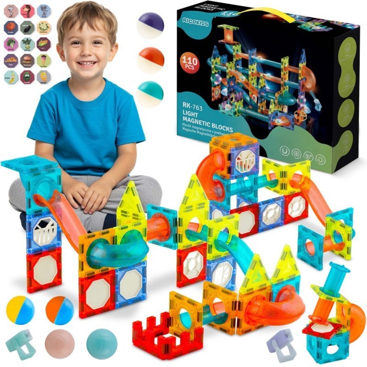 Ricokids Glow magnētiskais bumbiņu trasei paredzēto klucīšu komplekts — XL, vairāk nekā 100 detaļu