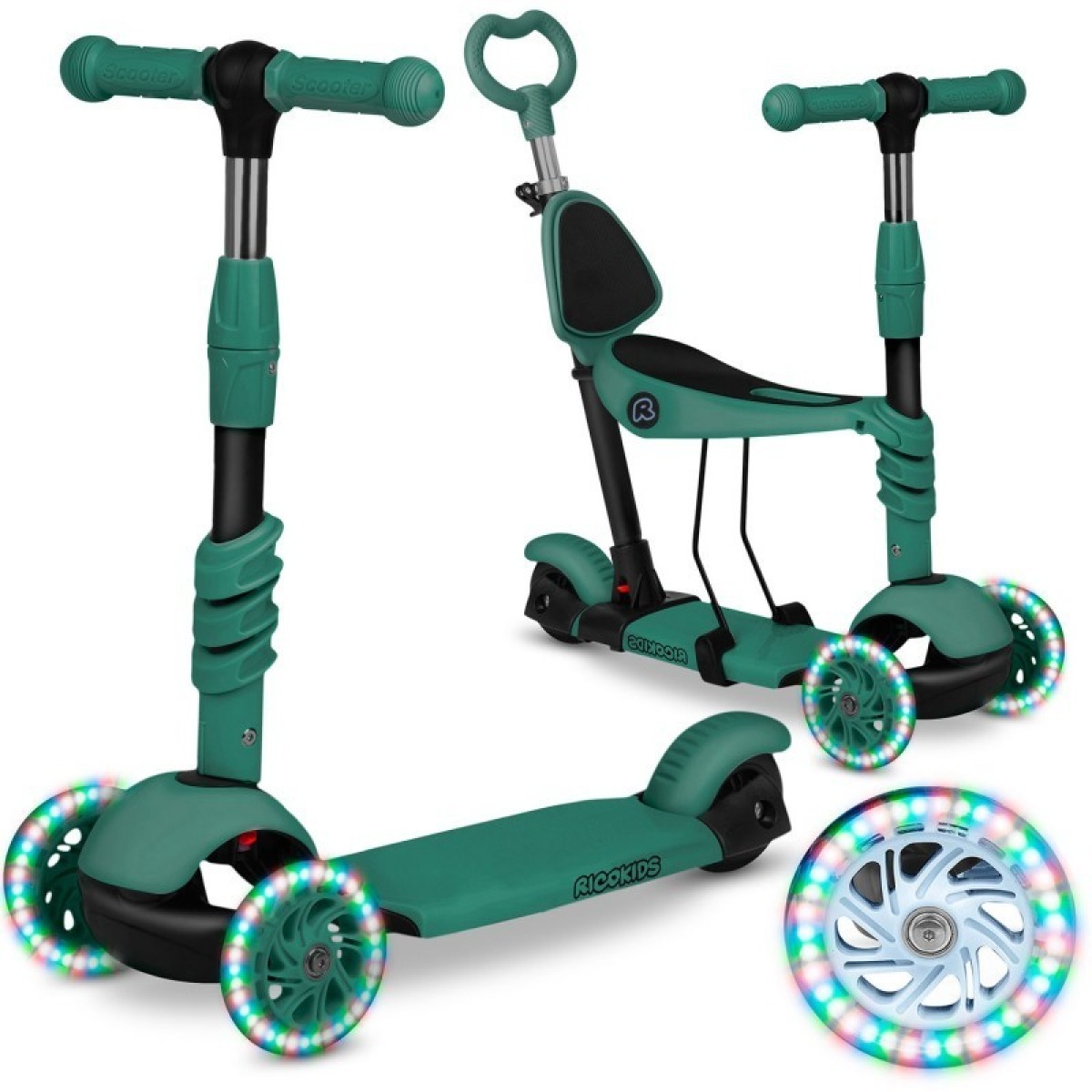 Ricokids Todi 3-in-1 skrejritenis ar sēdekli un stumšanas rokturi, zaļš