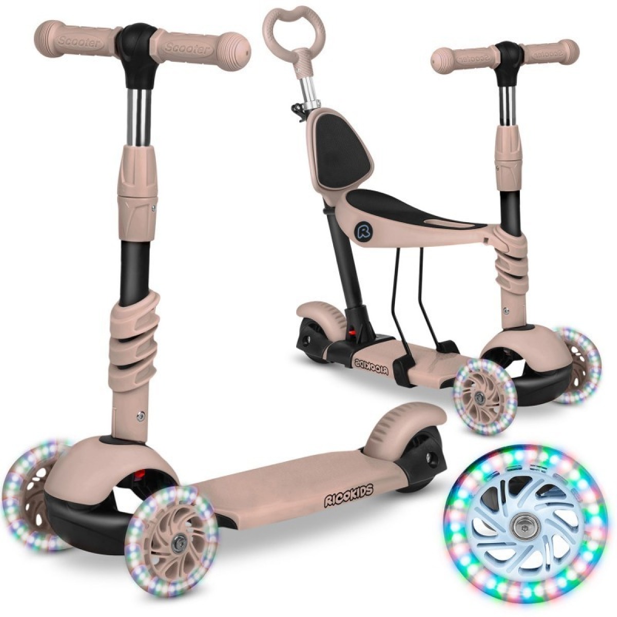 Ricokids Todi 3-in-1 skrejritenis ar sēdekli un stumšanas rokturi, bēšs