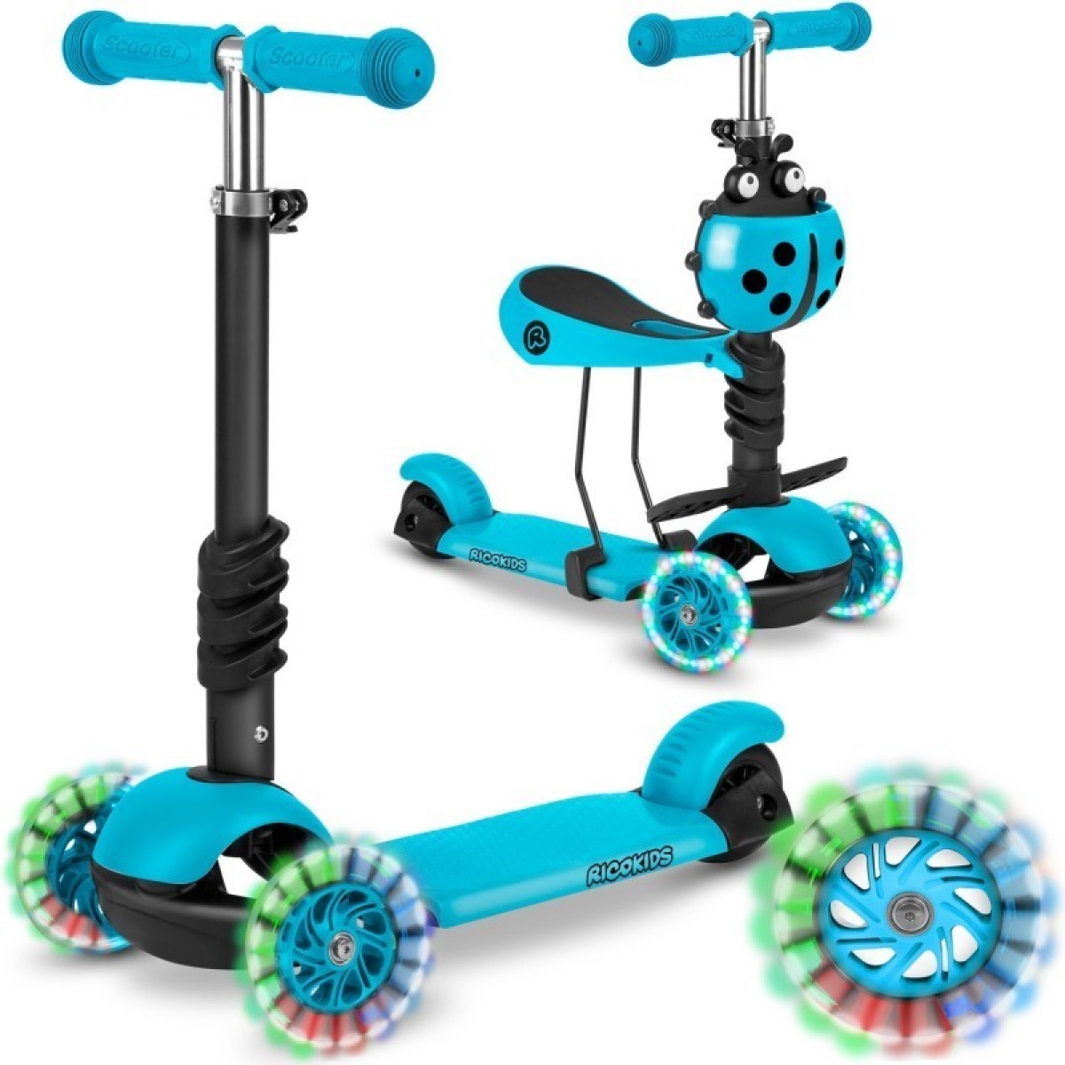 Ricokids Buggy 3 vienā skrejritenis, tirkīzzils — izgaismoti riteņi