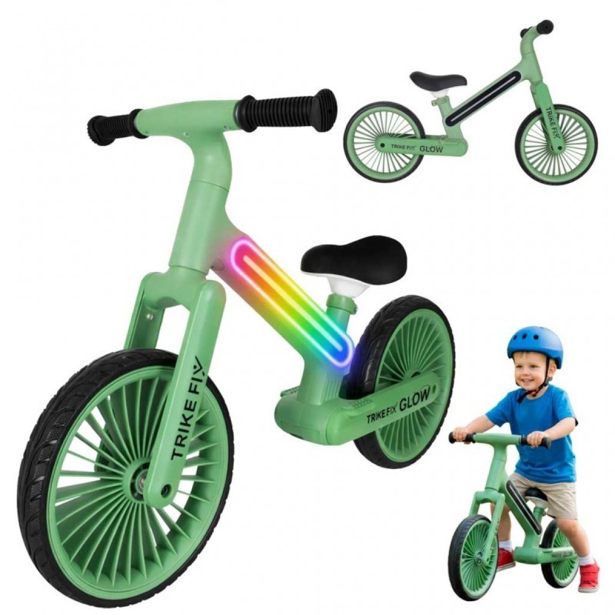 Trike Fix Glow LED līdzsvara velosipēds, zaļš, 12" EVA riteņi