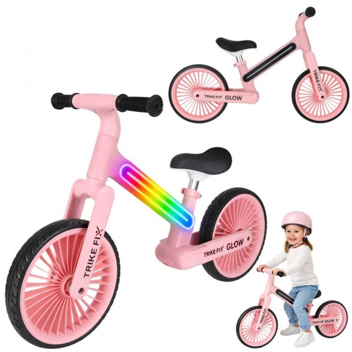 Trike Fix Glow LED līdzsvara velosipēds, rozā, ar 12" EVA riteņiem