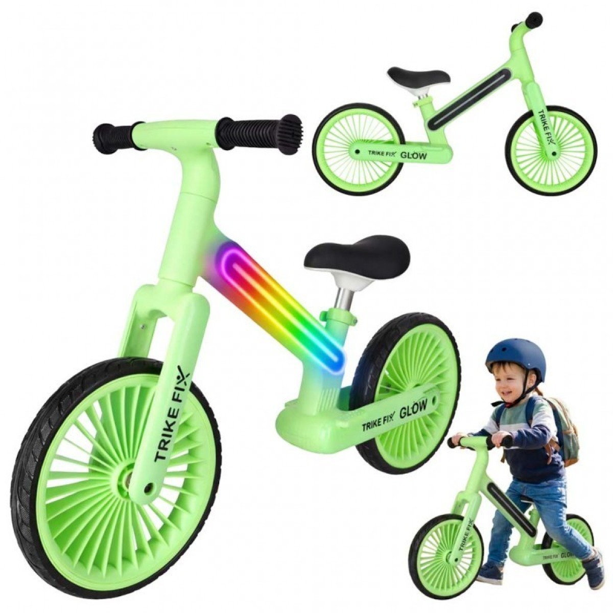 Trike Fix Glow LED līdzsvara velosipēds, neona zaļš, ar EVA riteņiem